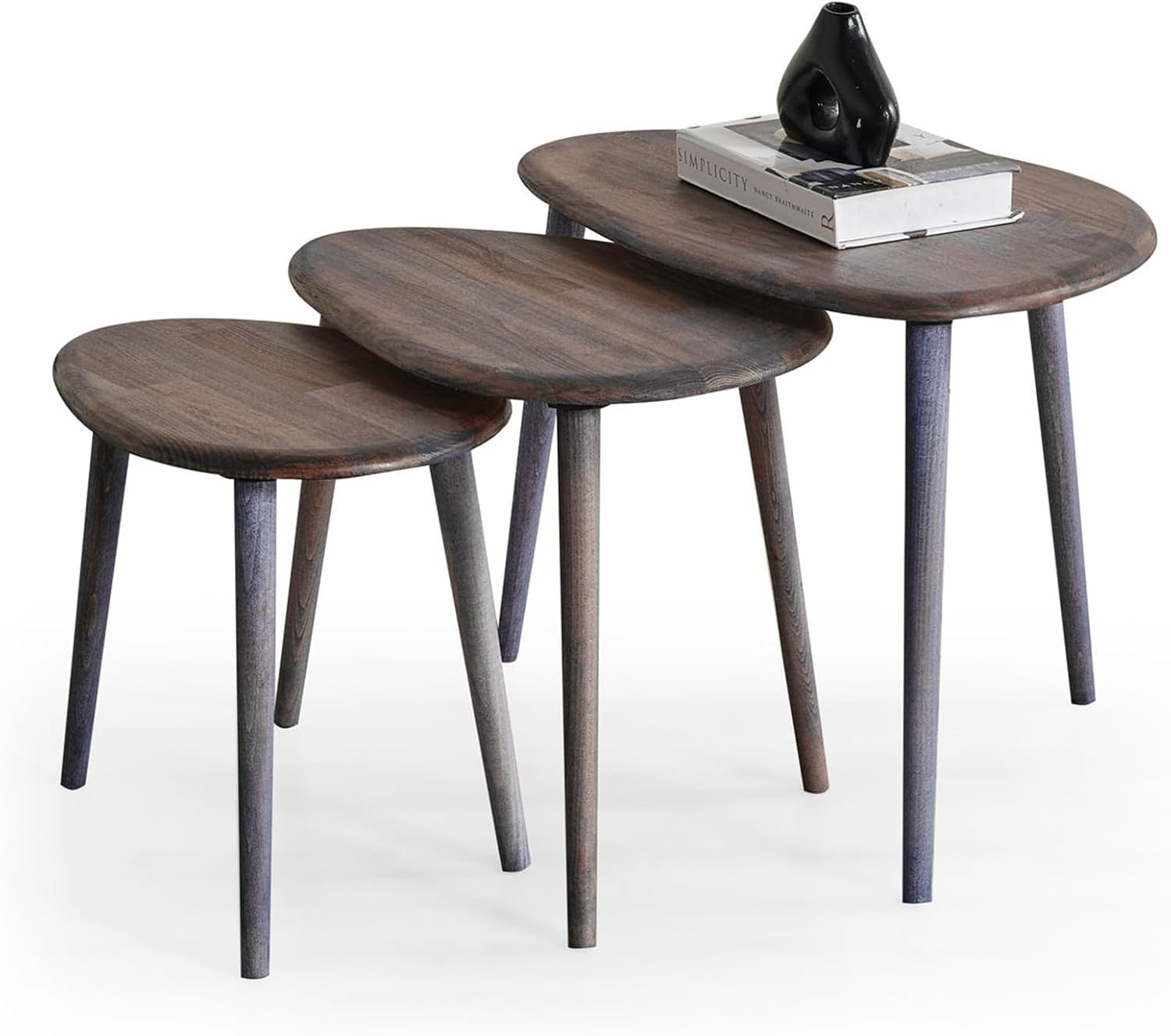 Mid-Century Modern Wood Nesting Coffee Table Set 3 Anthracite Oval Side End