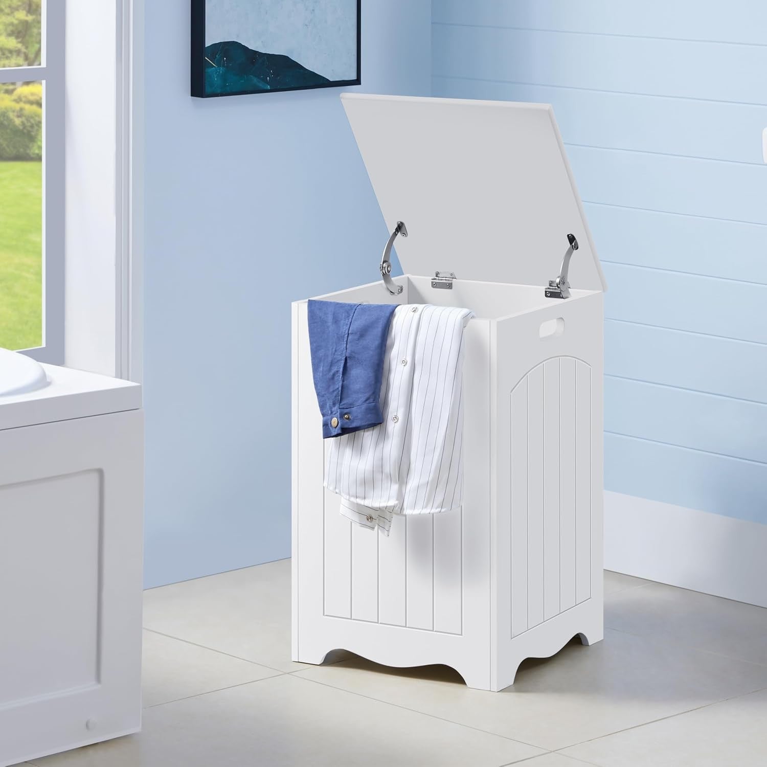 White Wooden Laundry Hamper with Lid Bathroom Clothes Bin 40x40x61cm Storage