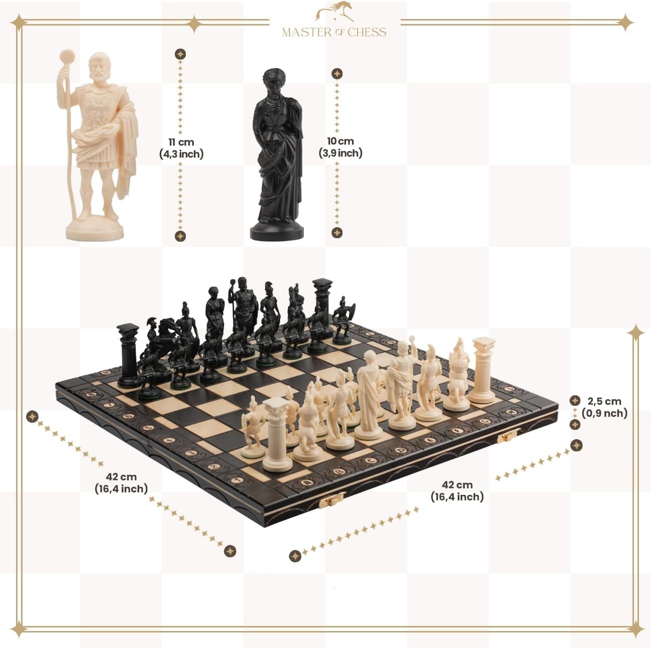 16" Spartan Medieval Chess Set Weighted Pieces & Engraved Folding Board