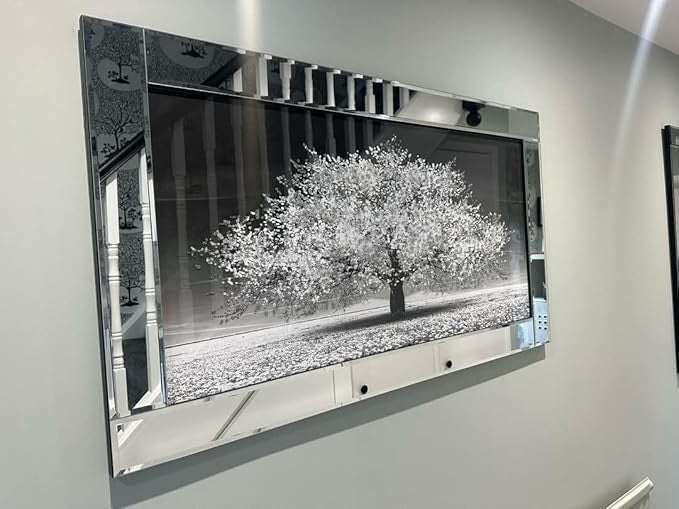 Blossom Tree 3D Glitter Liquid Wall Art 85x45cm Mirrored Frame Silver