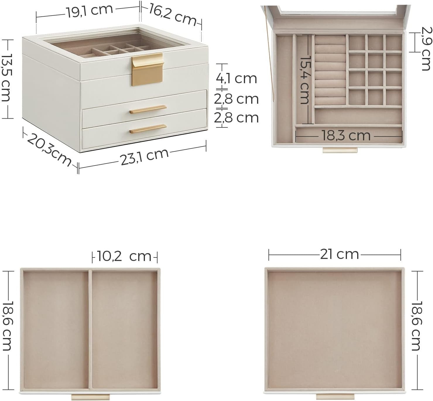 Glass Lid Jewellery Box Cloud White Gold 3 Tier Storage with 2 Drawers