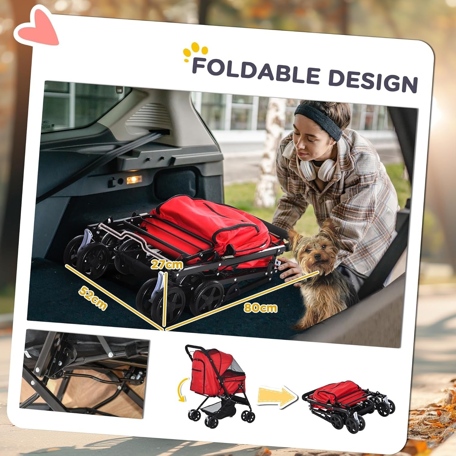 Foldable Dog Stroller Pushchair for Small Dogs 4 Wheels Canopy