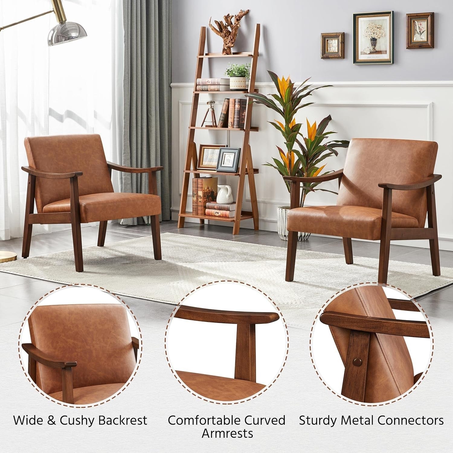 Leather Accent Armchair Lounge Chair Wooden Legs Modern Brown Seat