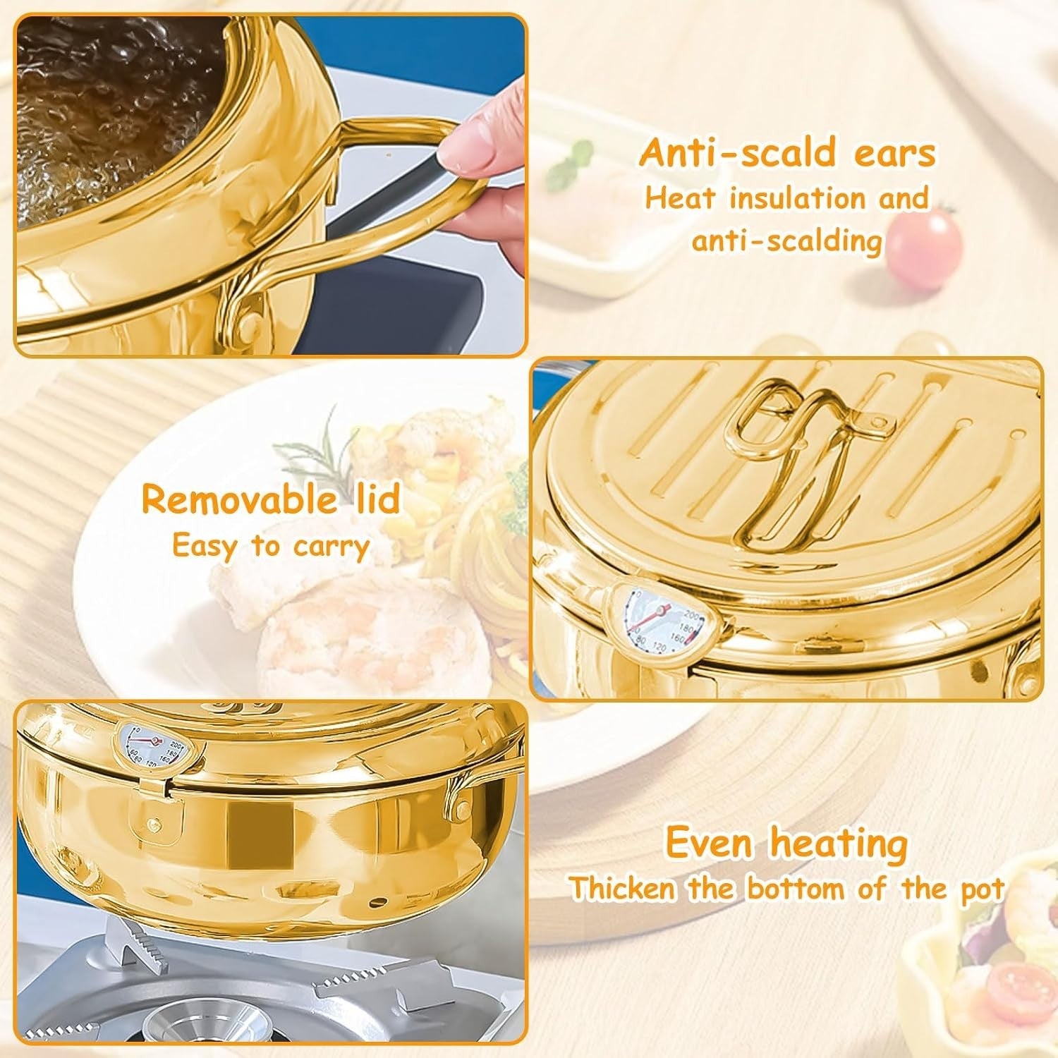 24cm Stainless Steel Deep Fryer Pot w Thermometer Oil Drip Lid Gold