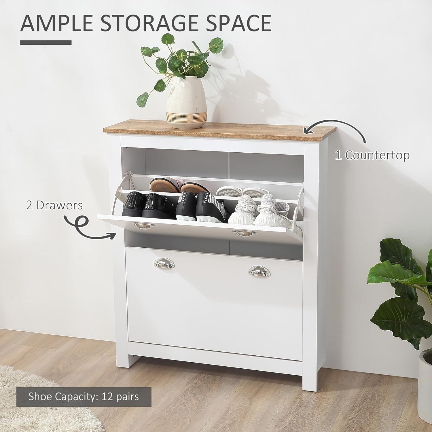 2-Drawer Narrow Shoe Cabinet with Flip Doors & Adjustable Shelves White