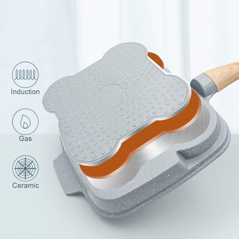 3-in-1 Divided Frying Pan Non-Stick Ceramic Multi-Section Egg Pan Lid Blue 26cm