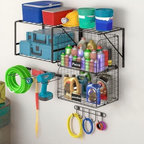 Heavy-Duty Wall Garage Shelf 40x30x60cm 3-Tier Wire Basket Tool Organizer