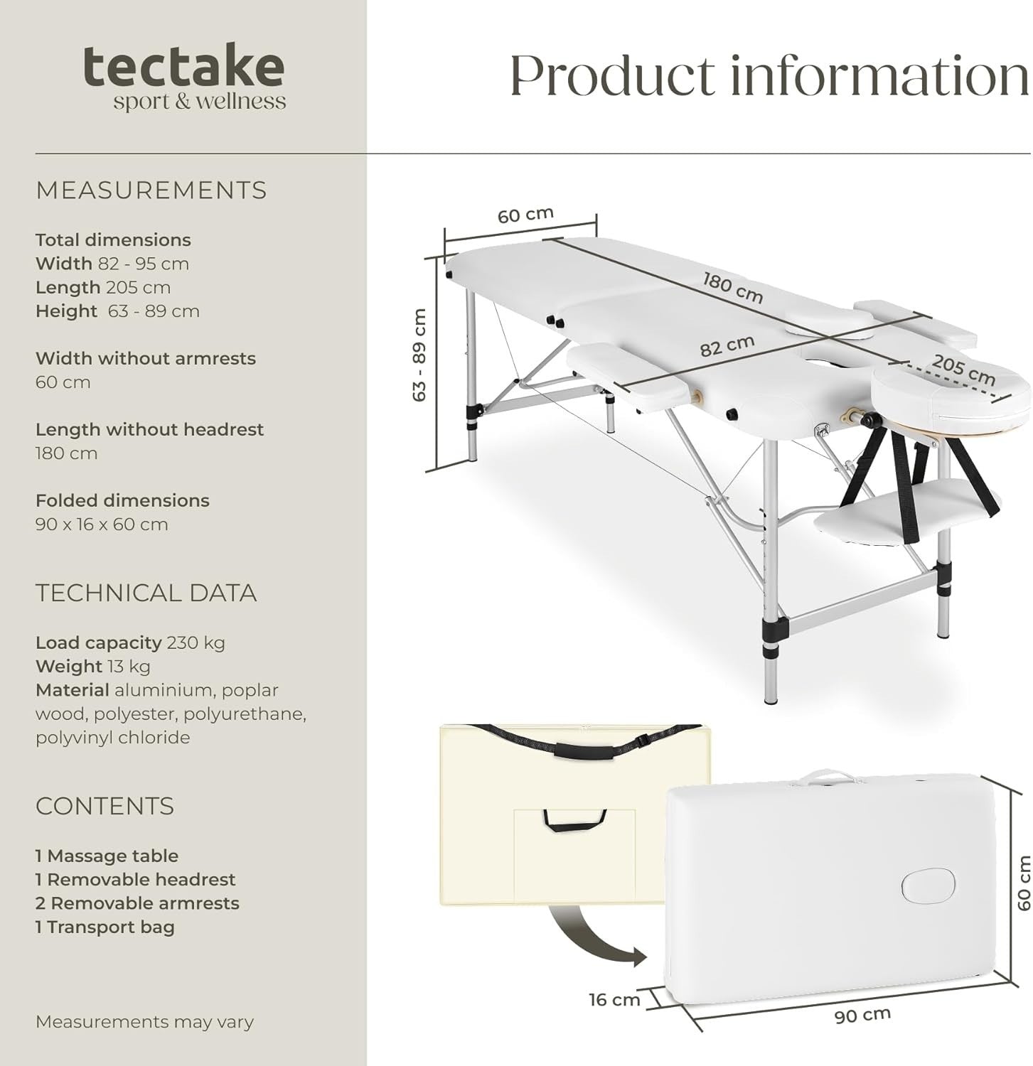 Portable 2 Section Massage Table Foldable Spa Beauty Bed 60cm Adjustable White