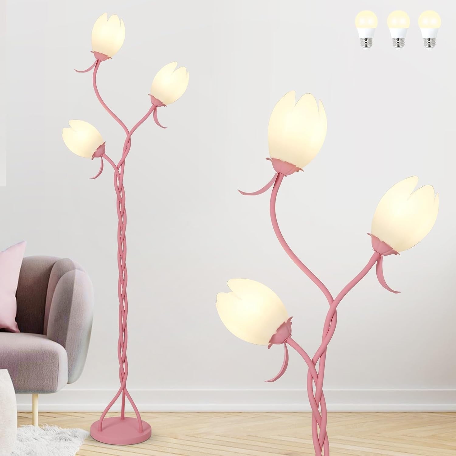 3-Light Pink Floor Lamp Tulip Shades LED Standing Lamp Bedroom Living Room