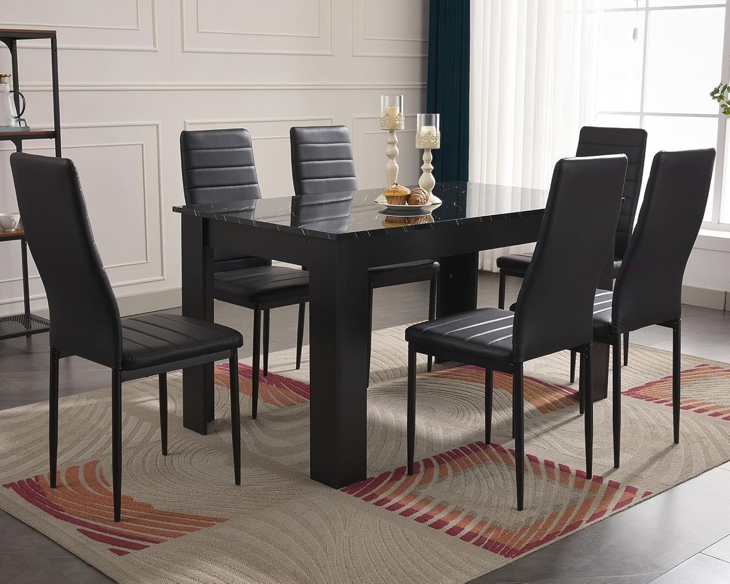 Modern Black Marble Dining Table Set with 6 PU Leather Chairs, 140x80x75cm