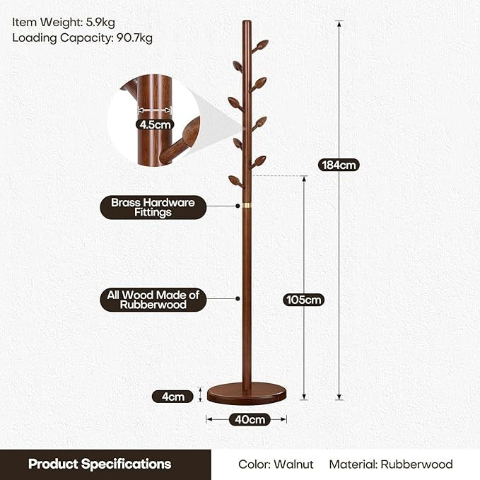 Solid Wood Coat Rack 184cm Freestanding Tree Stand with 8 Hooks Round Base