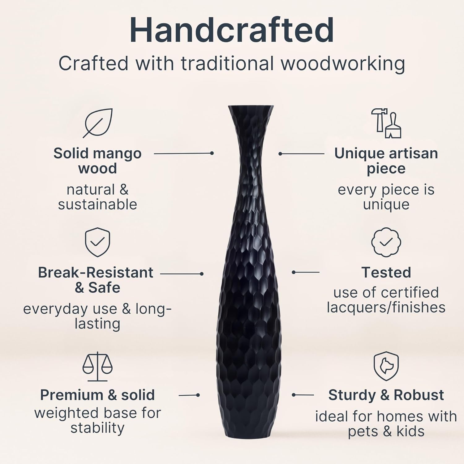 Large Black Floor Vase 85cm Tall Wooden Decor for Pampas Grass