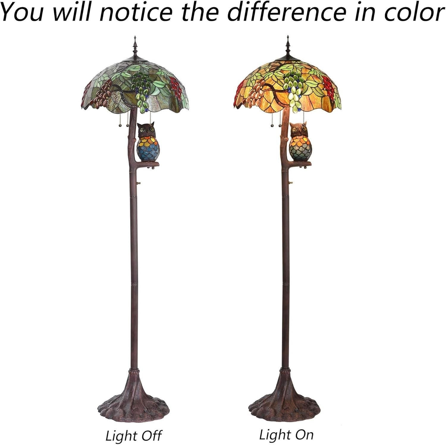 Stained Glass Floor Lamp 65" Tall, 18" Shade, Owl Design, 4-Light Antique