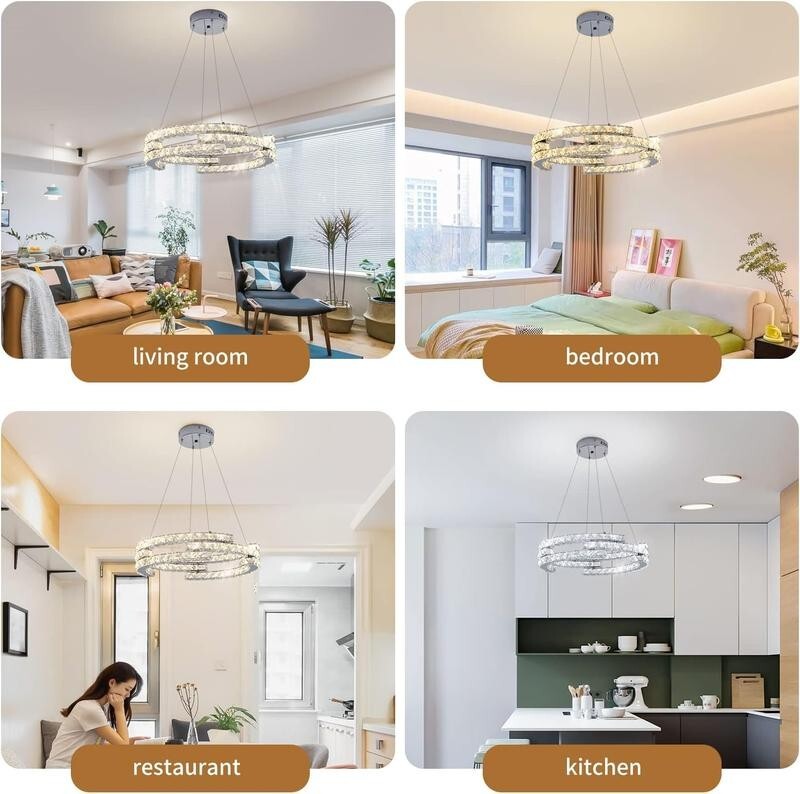 Modern LED Crystal Chandelier 3 Ring Pendant Light Dimmable 48W