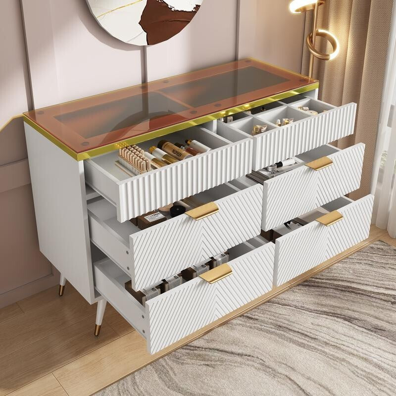 Modern 6 Drawer Dresser Sideboard Cabinet Amber Glass Top Storage Unit