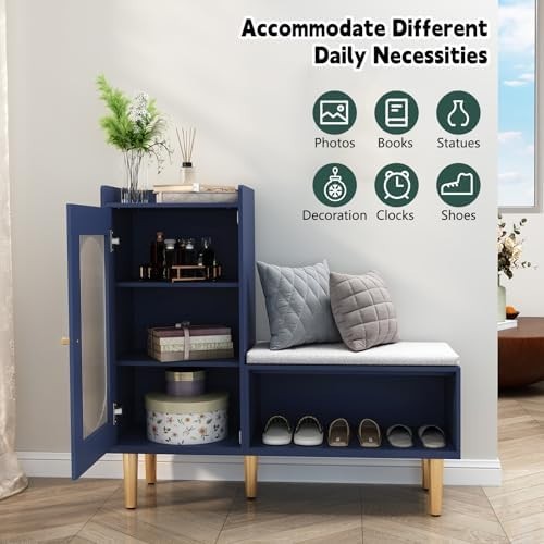L-Shaped Shoe Storage Bench with Cushion Glass Doors 100×30×92 cm