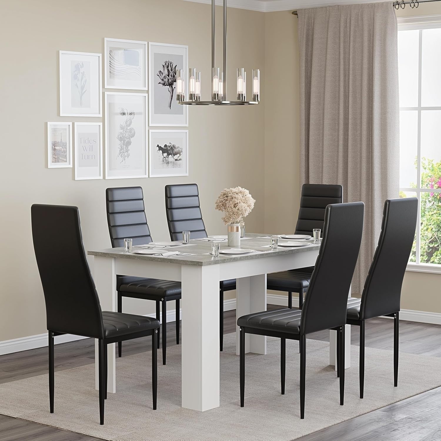 Modern Grey Marble Dining Table Set with 6 Black PU Leather Chairs 140x80cm