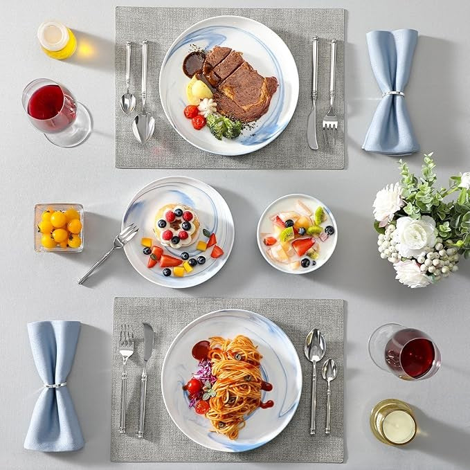 18 Piece Marble Blue Porcelain Dinner Set Plates Bowls Service for 6