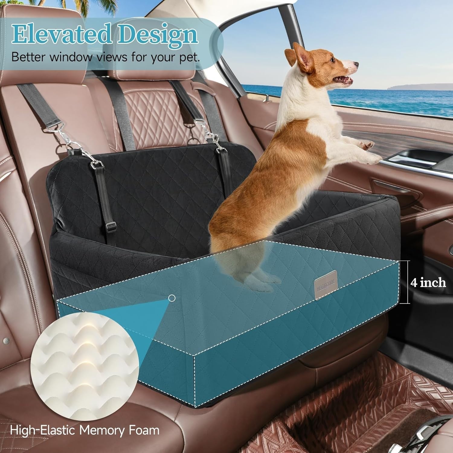 Large Dog Booster Car Seat Washable Travel Bed 55lb Black Backseat