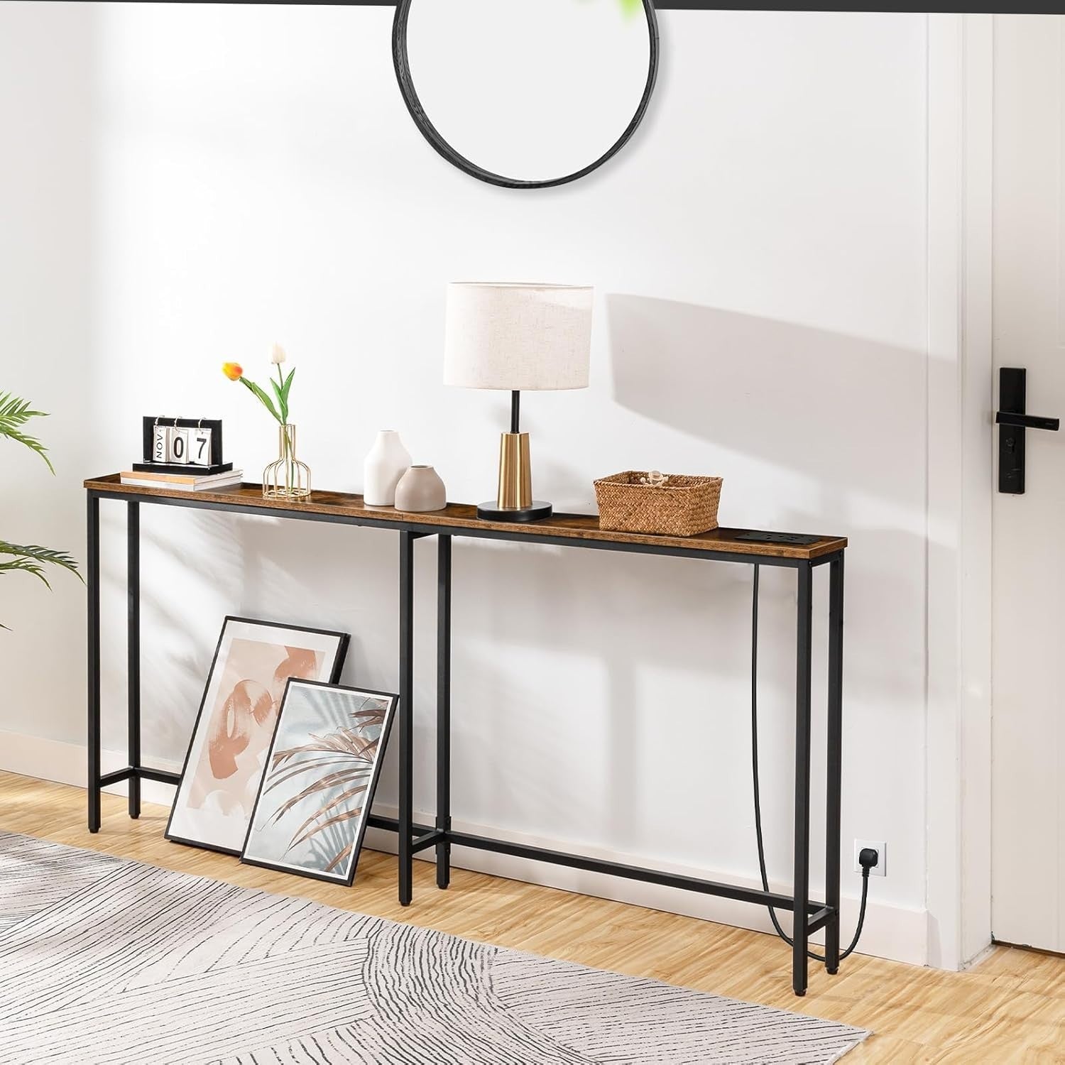 Slim Hallway Console Table with USB Charging, Narrow 180cm, Rustic Brown