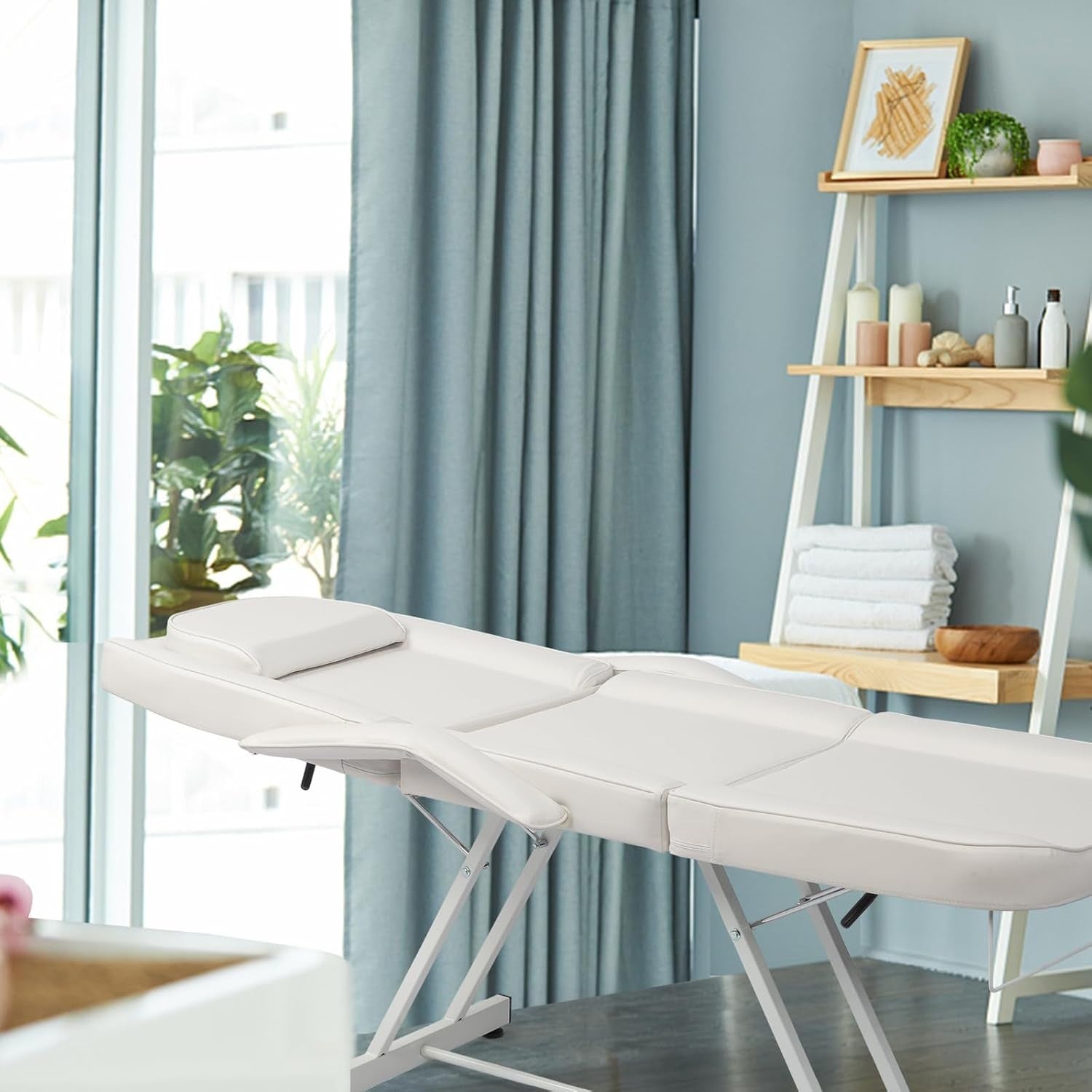 Adjustable 3-Section Massage Table with Stool Spa Facial Tattoo Beauty Bed White