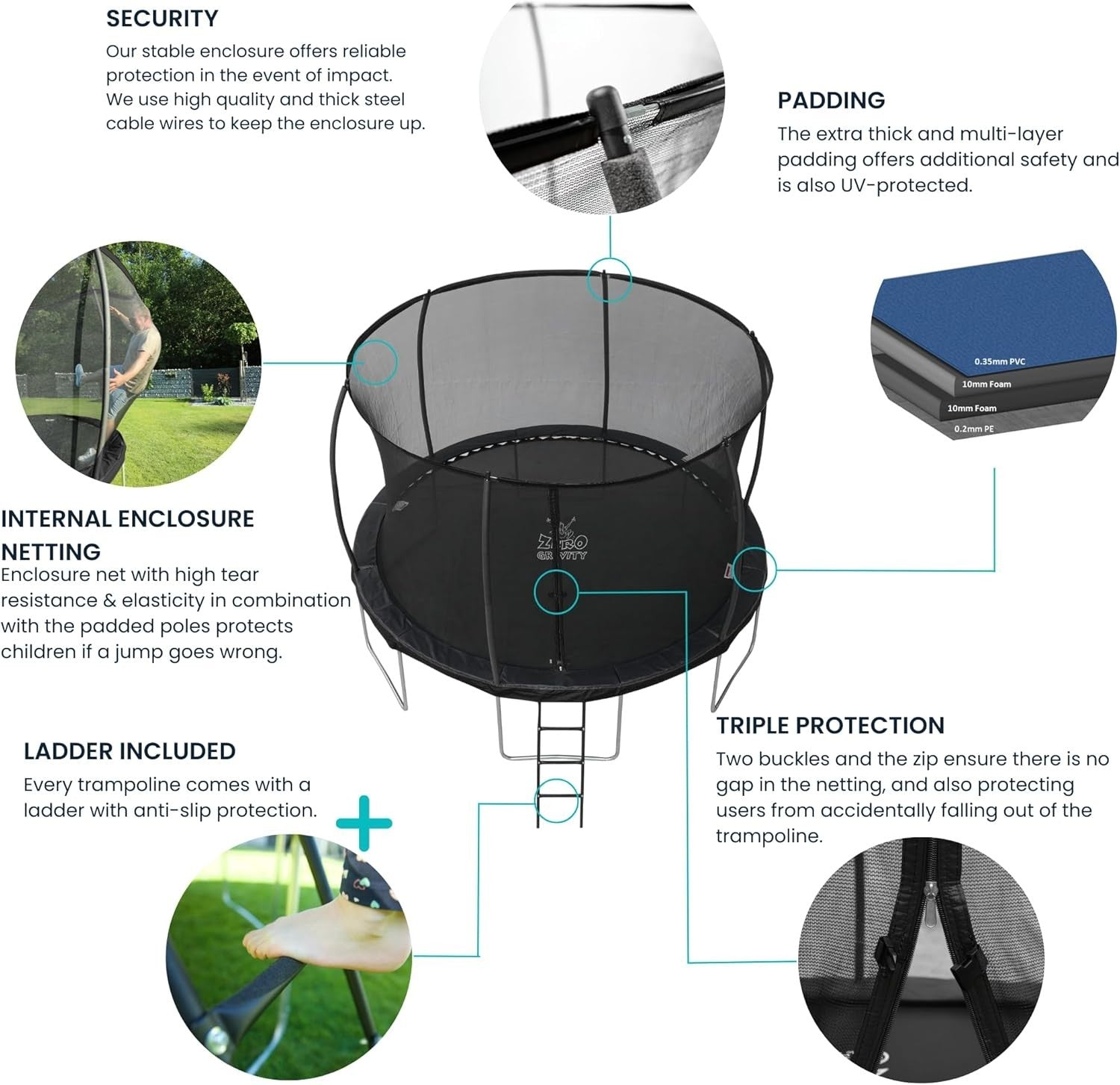 12FT Garden Trampoline Safety Enclosure Ladder PVC Padding Heavy Duty
