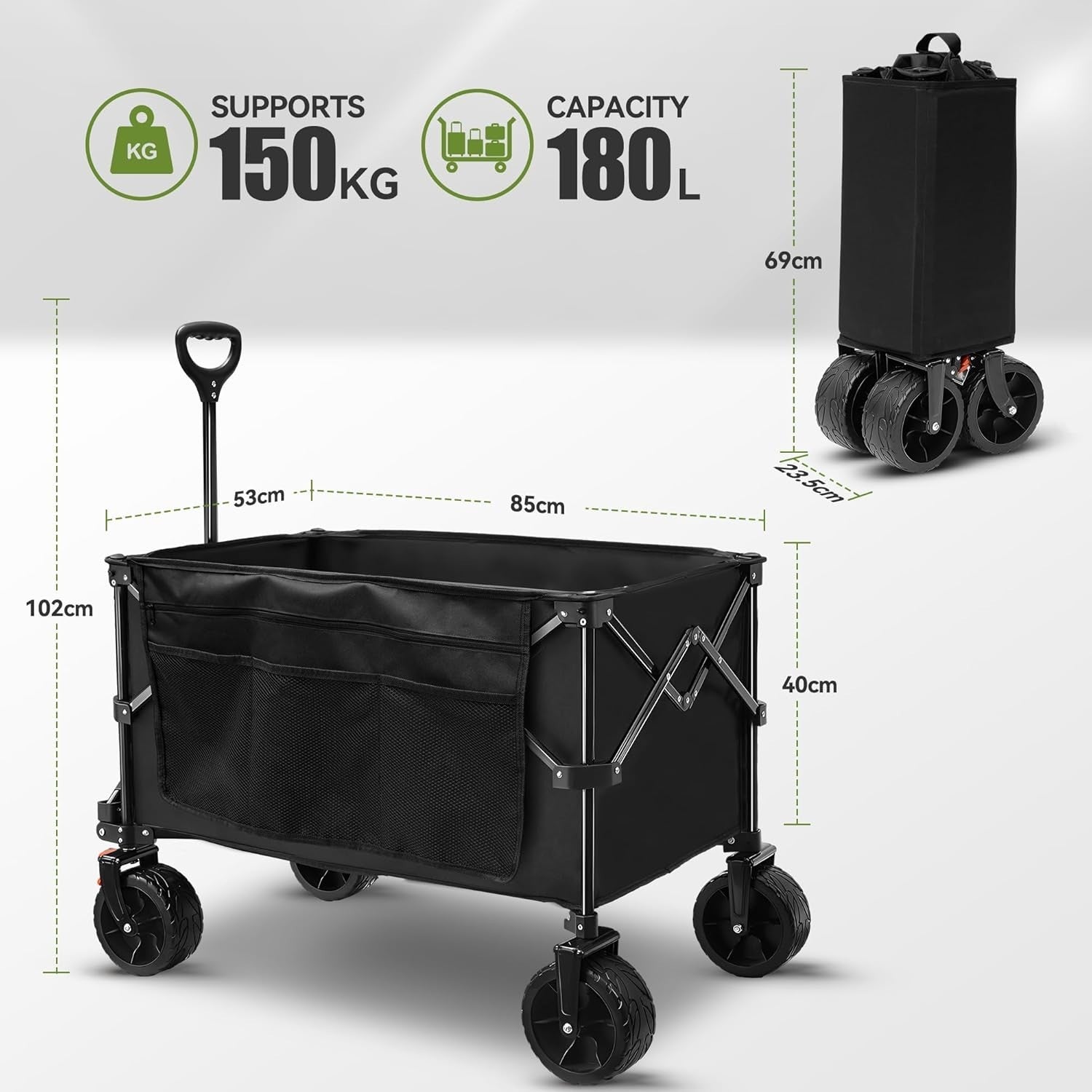 180L Folding Camping Trolley Wagon Cart With Brakes Outdoor Heavy-Duty