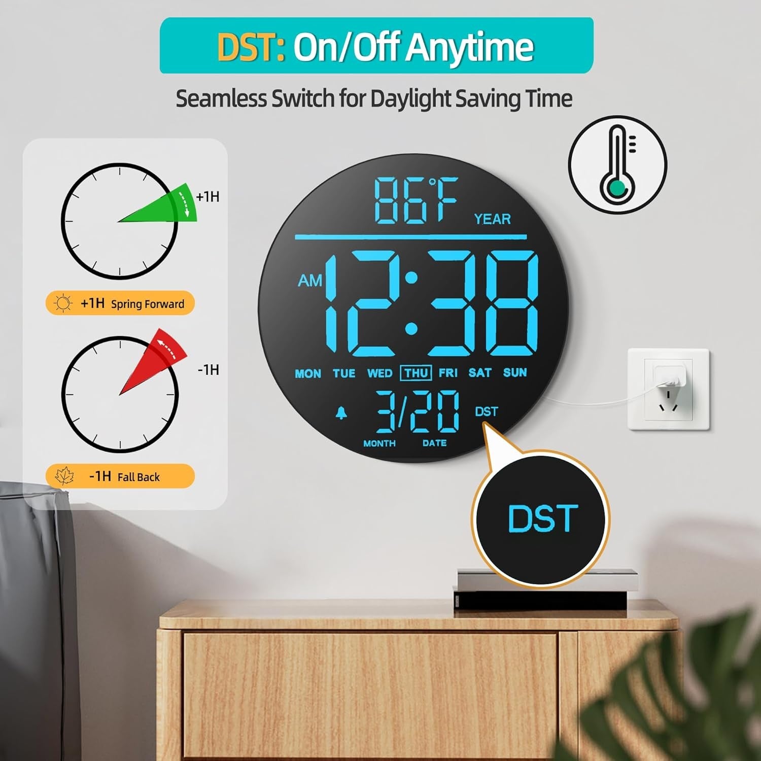 Black Blue 10″ RGB Digital Wall Clock LED Large Display Remote Temperature