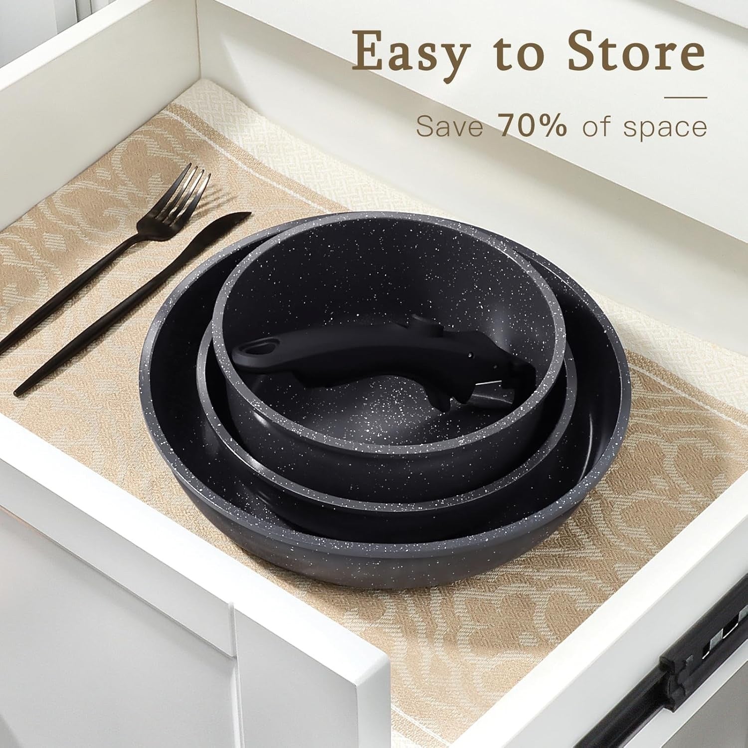 15Pcs Black Ceramic Non Stick Cookware Set with Detachable Handle Induction Safe