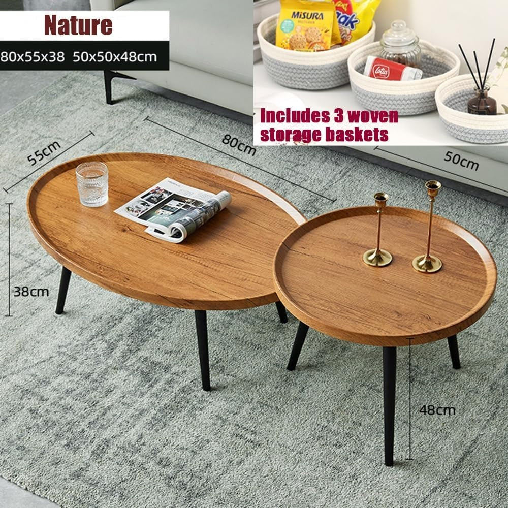Nesting Coffee Table Set with Storage – Oval Wood & Metal Side Tables
