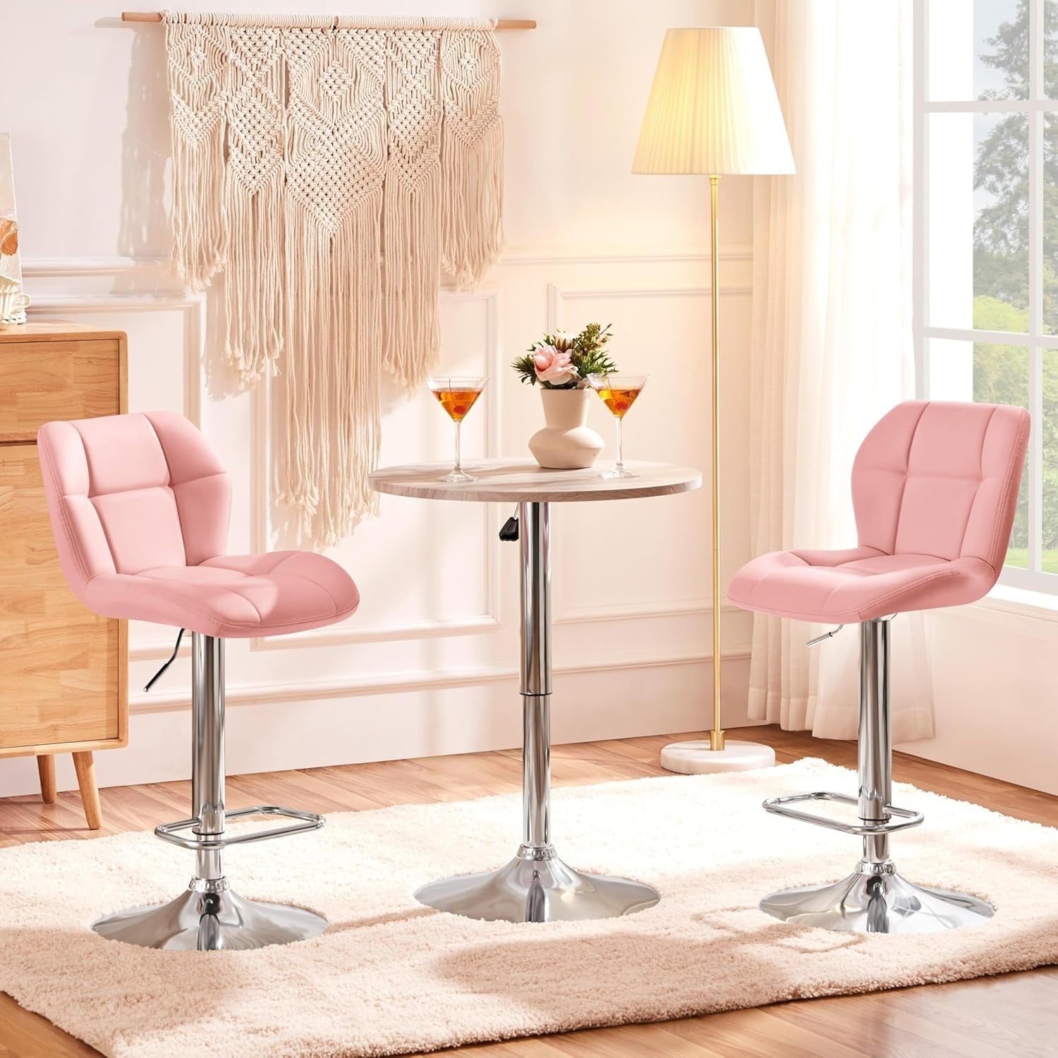 Adjustable Pink PU Leather Bar Stools Set of 2 – Swivel Counter Chairs
