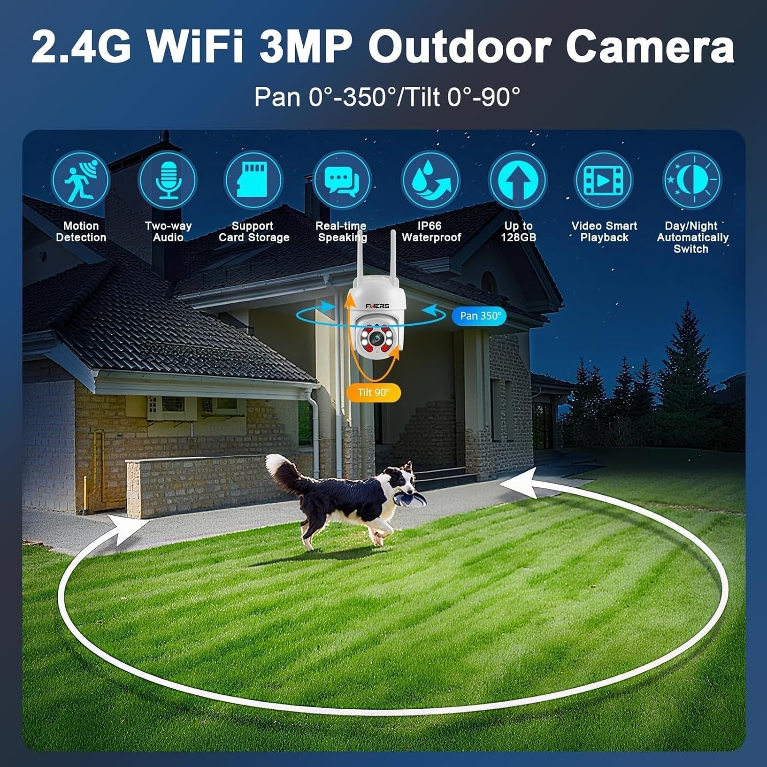 3MP PTZ Security Camera Outdoor WiFi 350° Pan Color Night Vision IP66