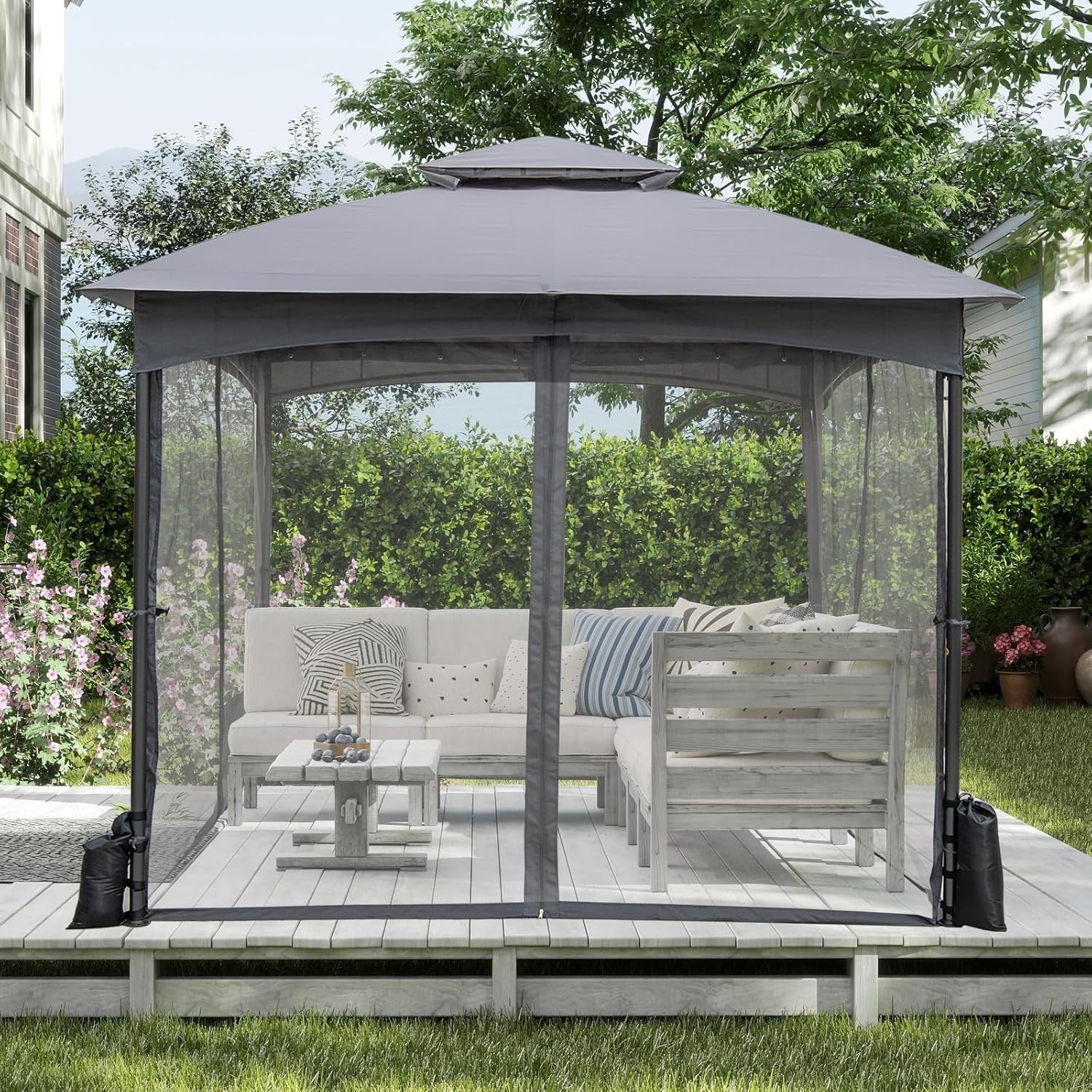 3x3M Garden Gazebo Double Roof Patio Tent With Netting & Sandbags Grey