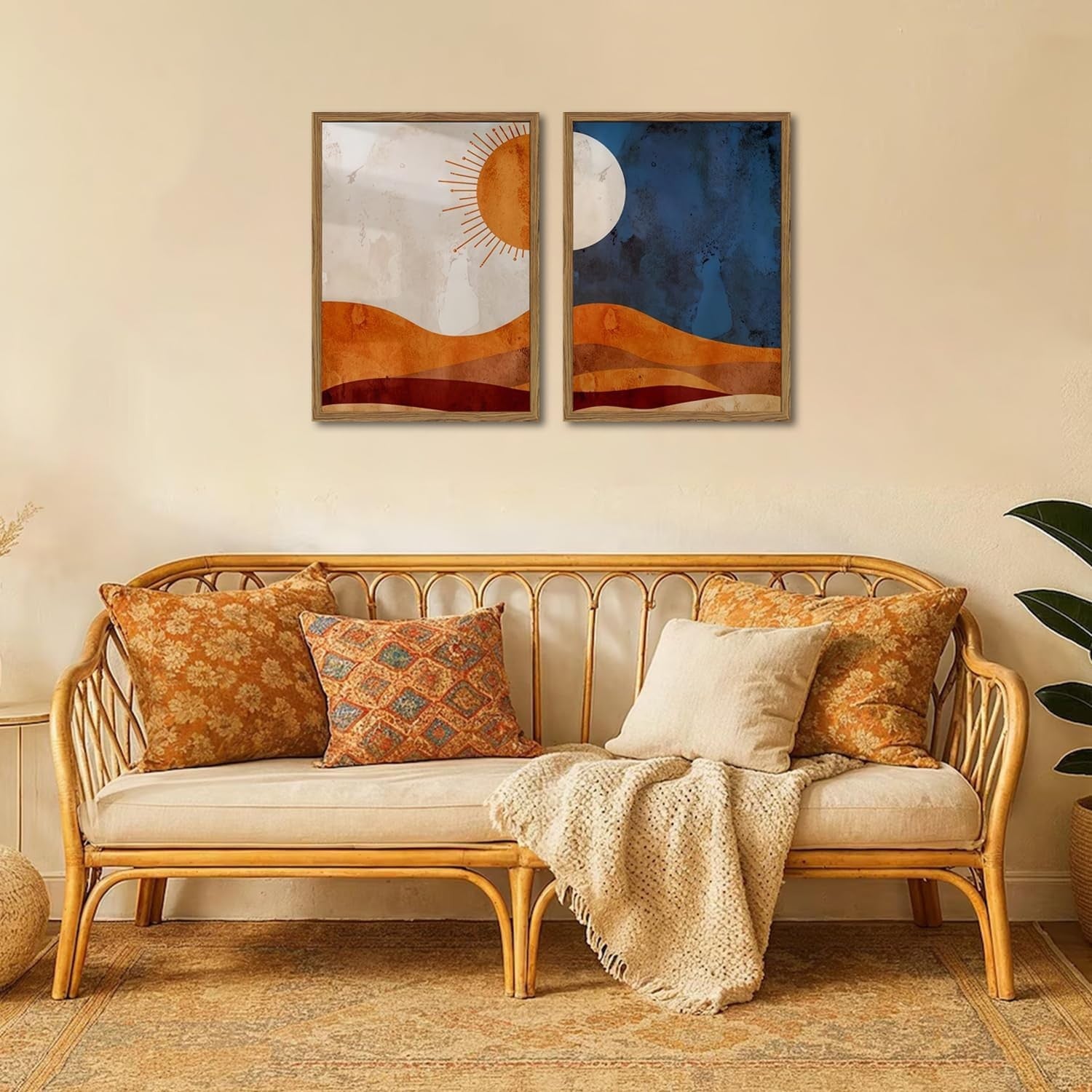 Boho Sun & Moon Canvas Wall Art 2 Panels 16x24" Modern Home Decor