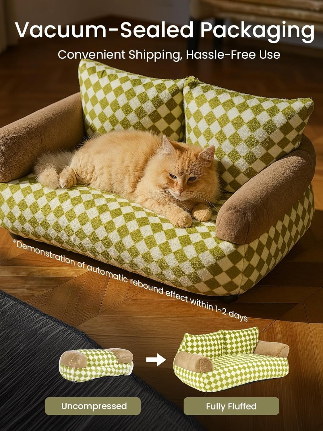 Fluffy Cat Sofa Bed Plush Pet Couch Removable Washable Cover Green