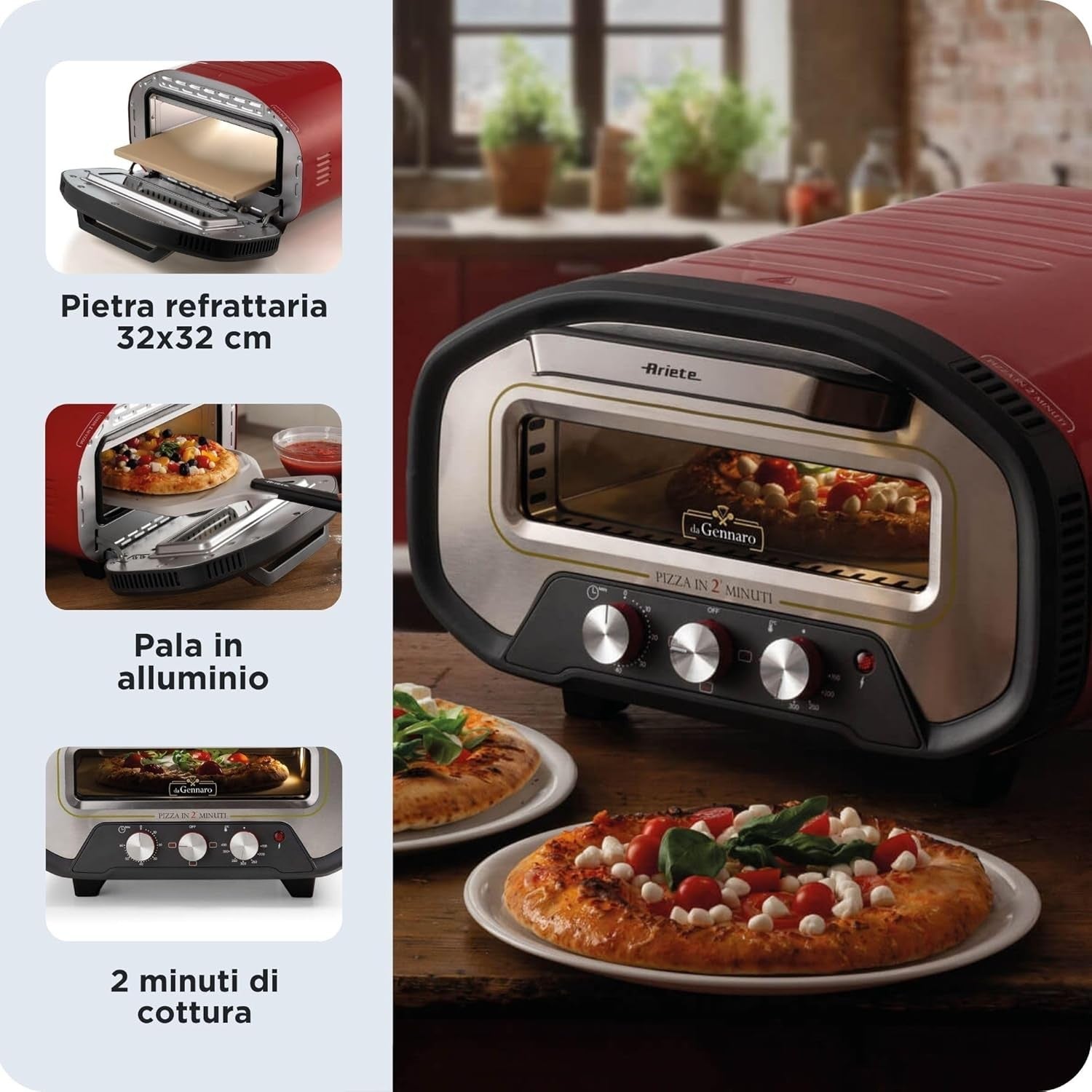 Electric Indoor Pizza Oven | 2-Min Fast Cooking 430°C Stone Grill – Red 2200W