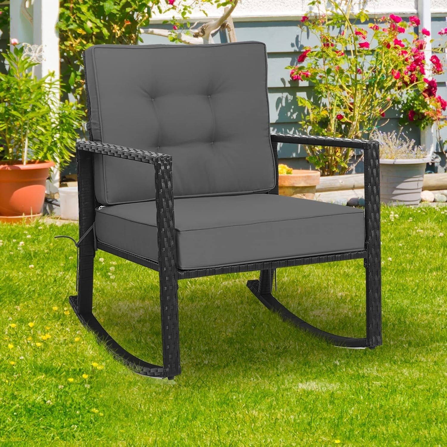 Grey Rattan Garden Rocking Chair with Cushions & Armrests Outdoor Seat