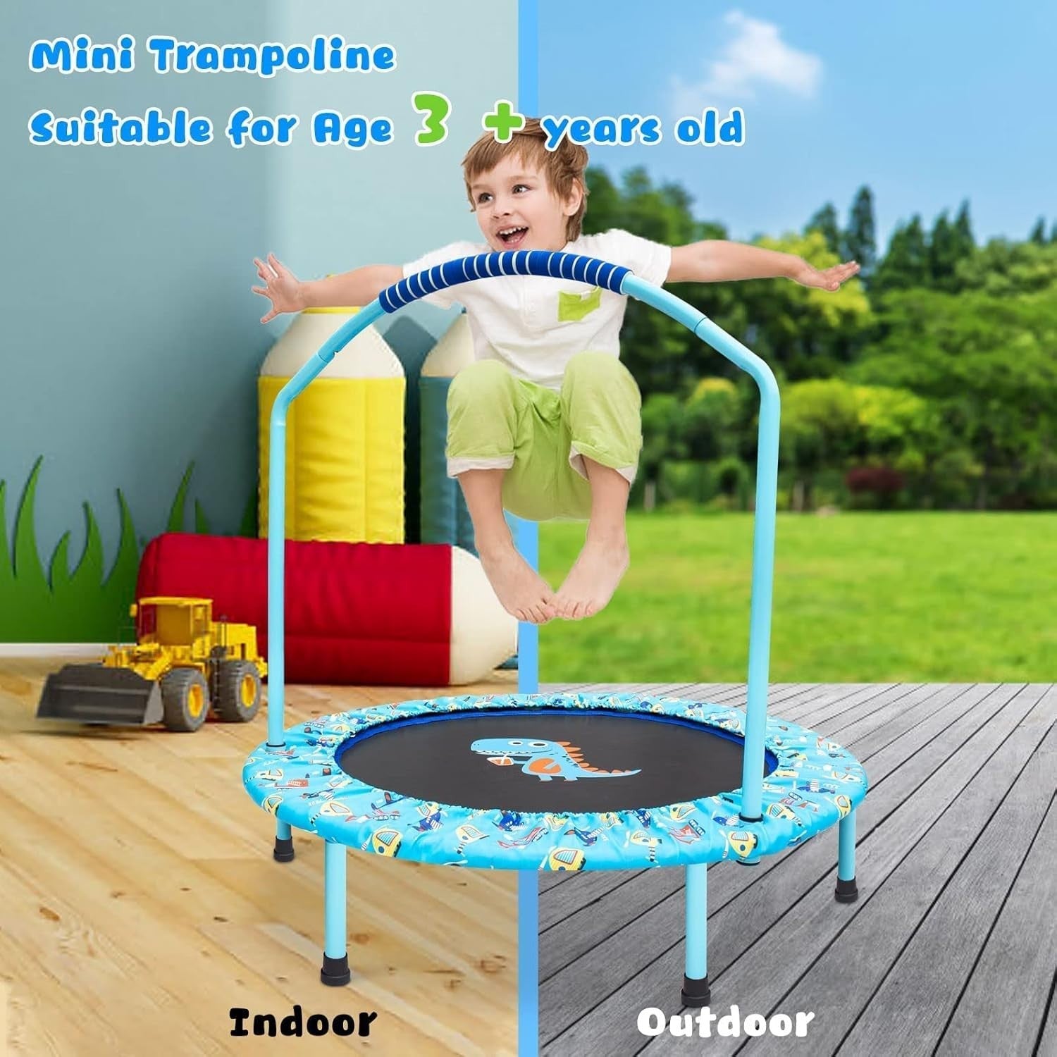38in Kids Quiet Rebounder Trampoline Adjustable Handle Foldable