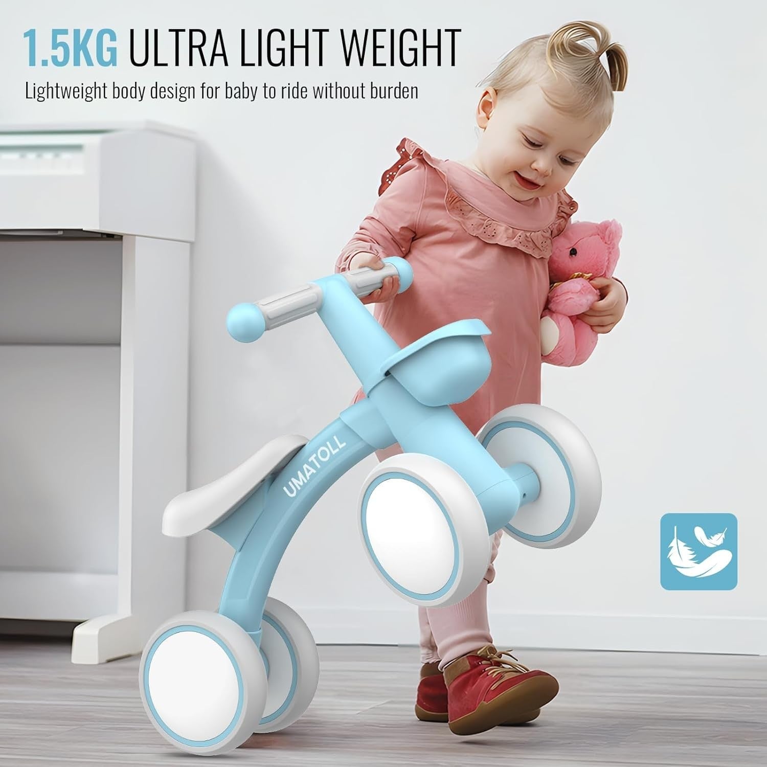 Baby Balance Bike 1 Year Old Toddler Ride On 4 Wheel Adjustable Seat Blue