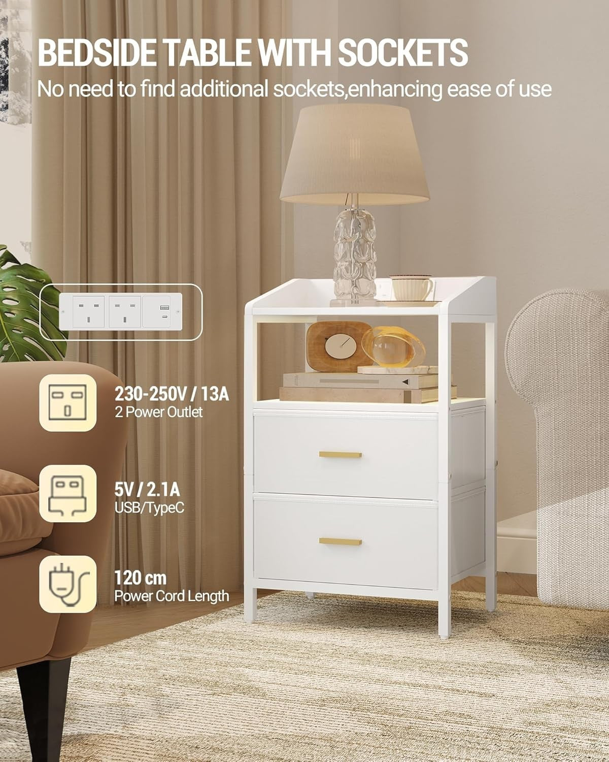 White Bedside Table with USB Type-C Charging Ports & 2 Drawers
