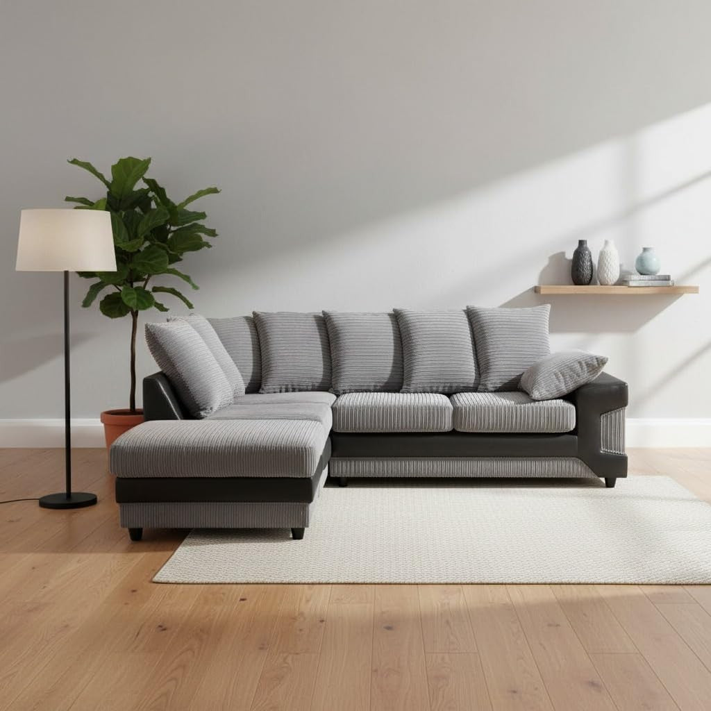 5 Seater L-Shaped Corner Sofa - Durable Jumbo Cord & Faux Leather Couch