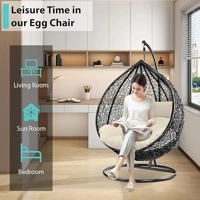 Hanging Egg Chair Outdoor Rattan Swing with Cushion & Steel Frame Garden Patio