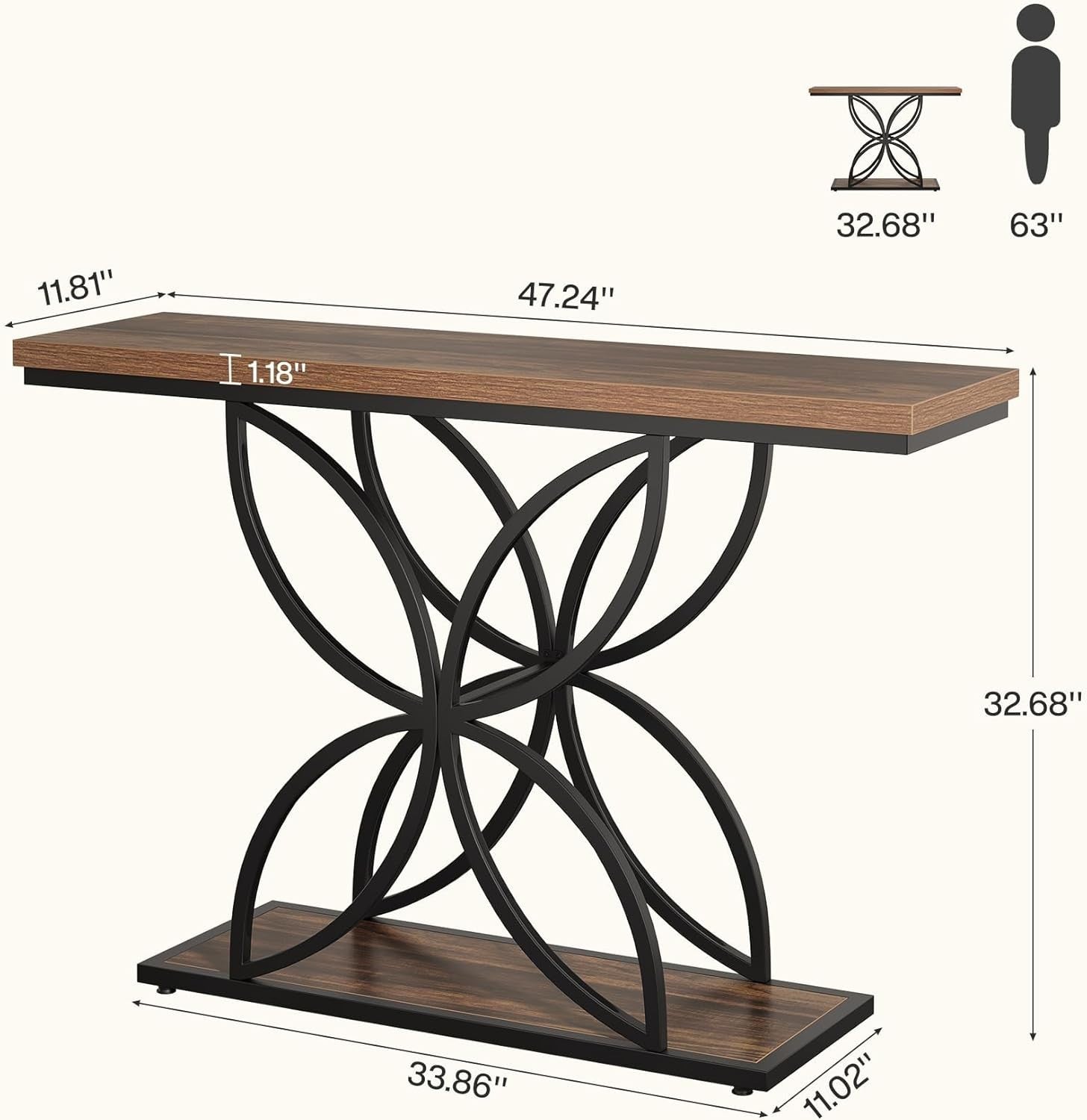 47" Industrial Console Table with Unique Butterfly Metal Base, Rustic
