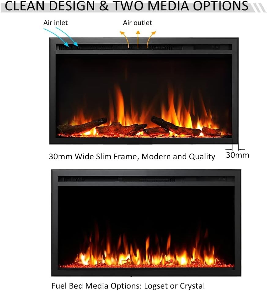 33” Slim Recessed Electric Fireplace Media Wall Heater Multi Flame Remote