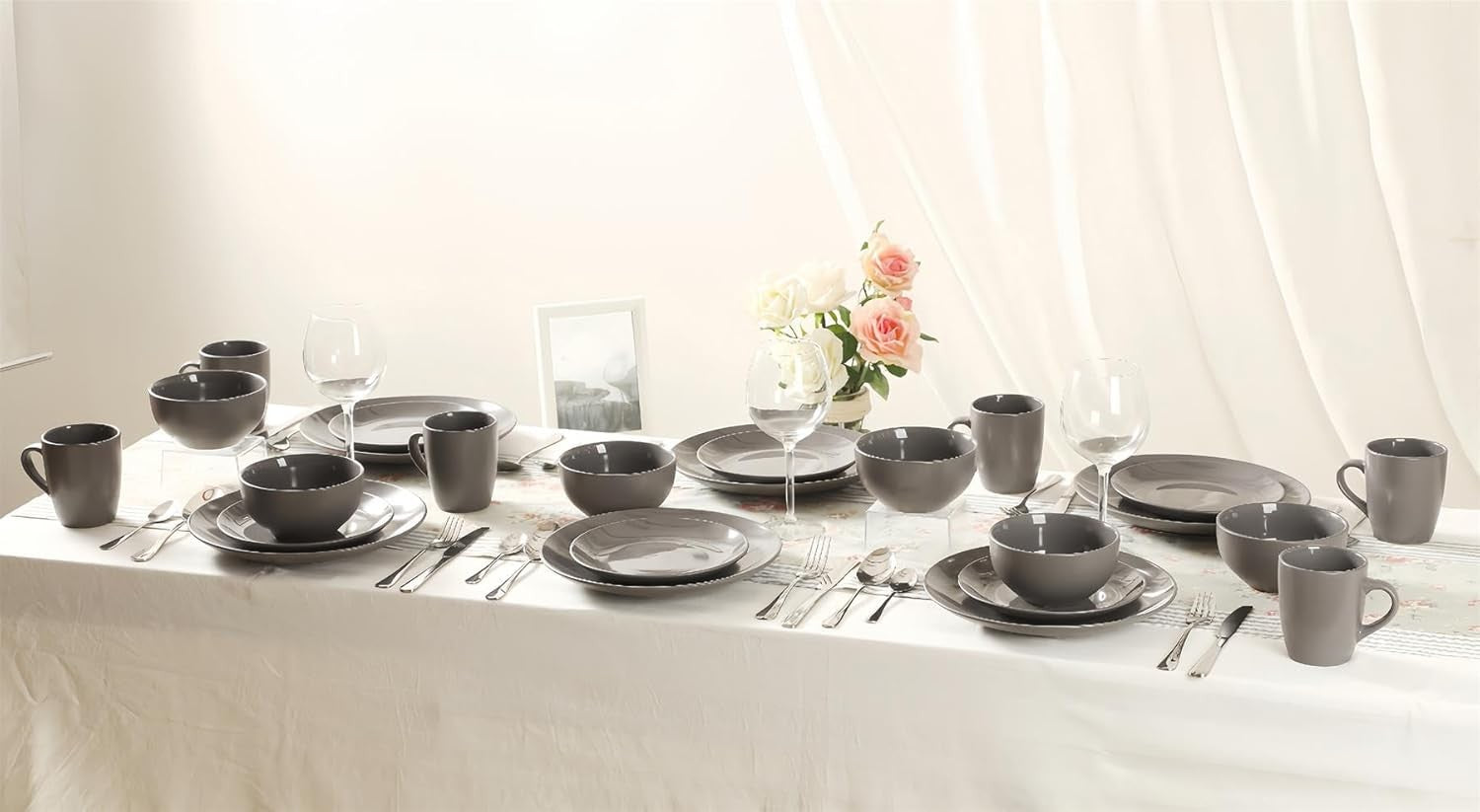 12 Piece Stoneware Dinner Plates Bowls Dishwasher Microwave