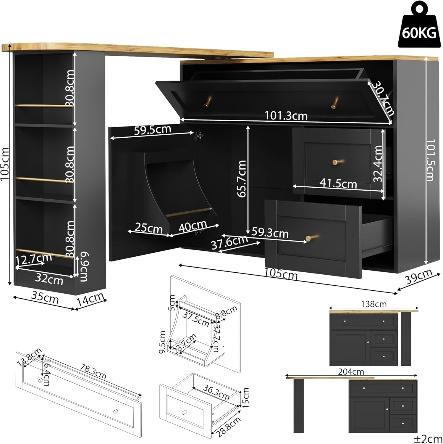 360° Rotating Kitchen Island Bar Table w/ Drawers & Storage – 204cm Black