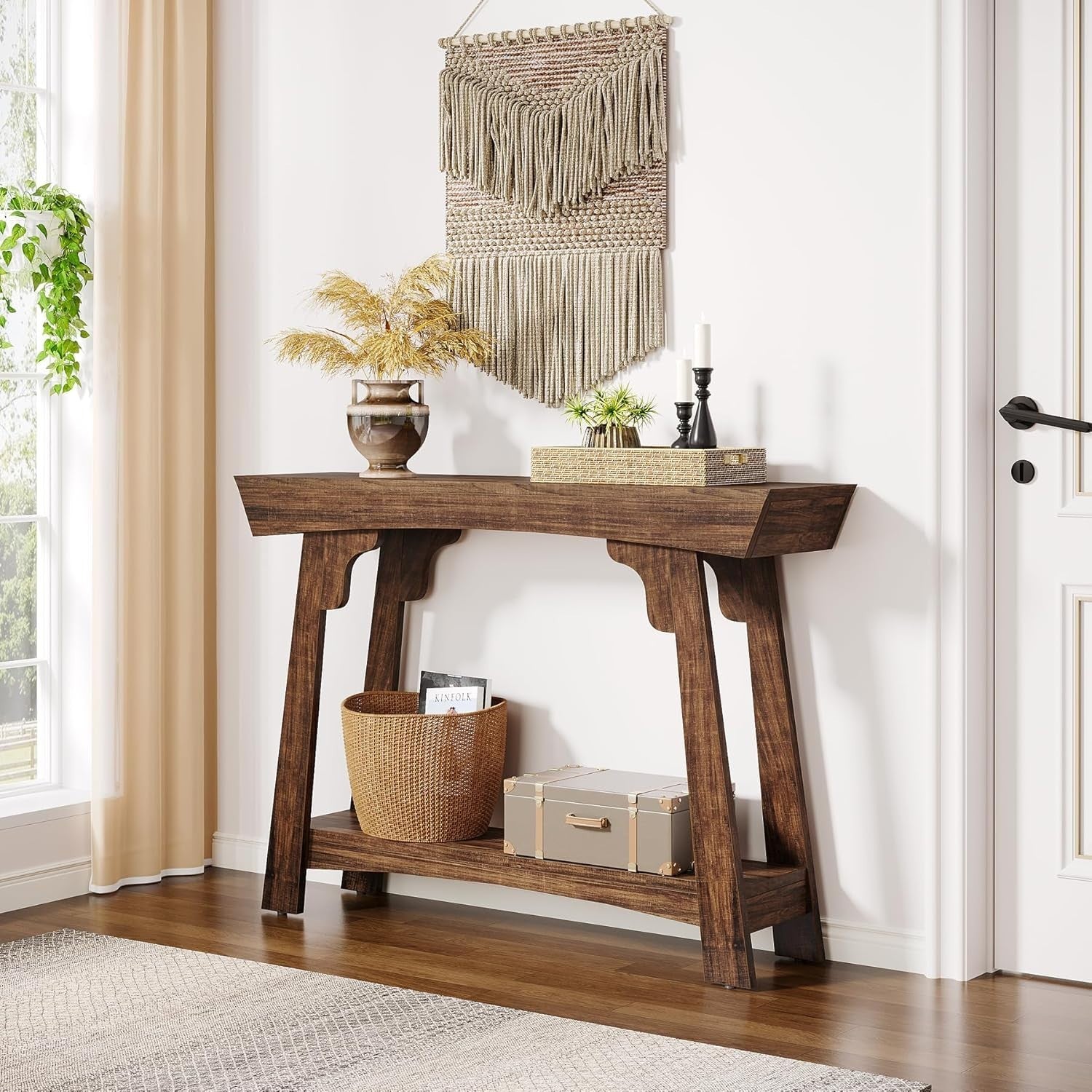 Rustic Brown Console Table 2-Tier Storage Narrow Entryway Shelf
