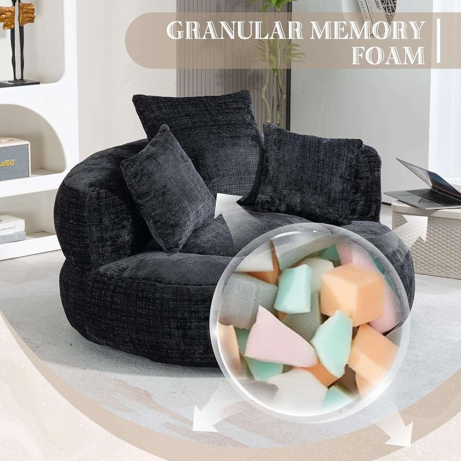 Black Luxury Bean Bag Sofa Chair w/ Pillows – Indoor Outdoor Gaming Seat