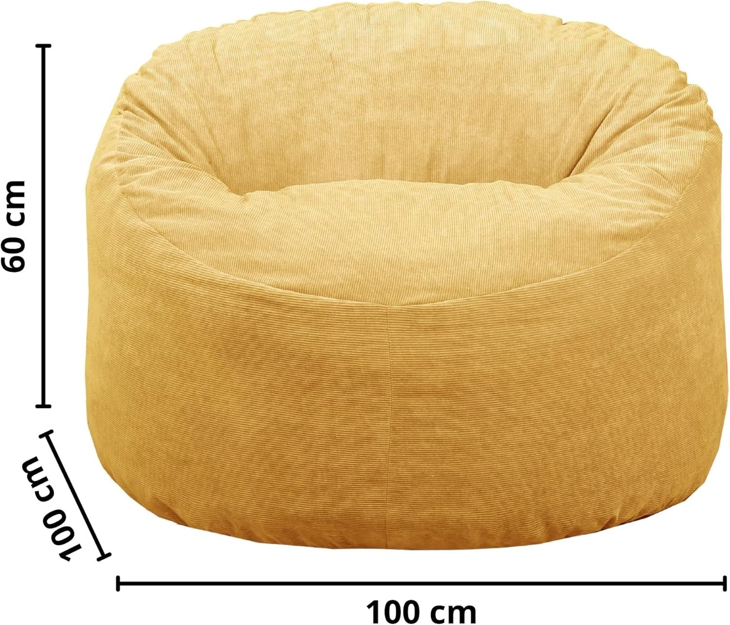 Yellow Corduroy Bean Bag Chair – Adult Lounge Seat, 100cm Foam Filled