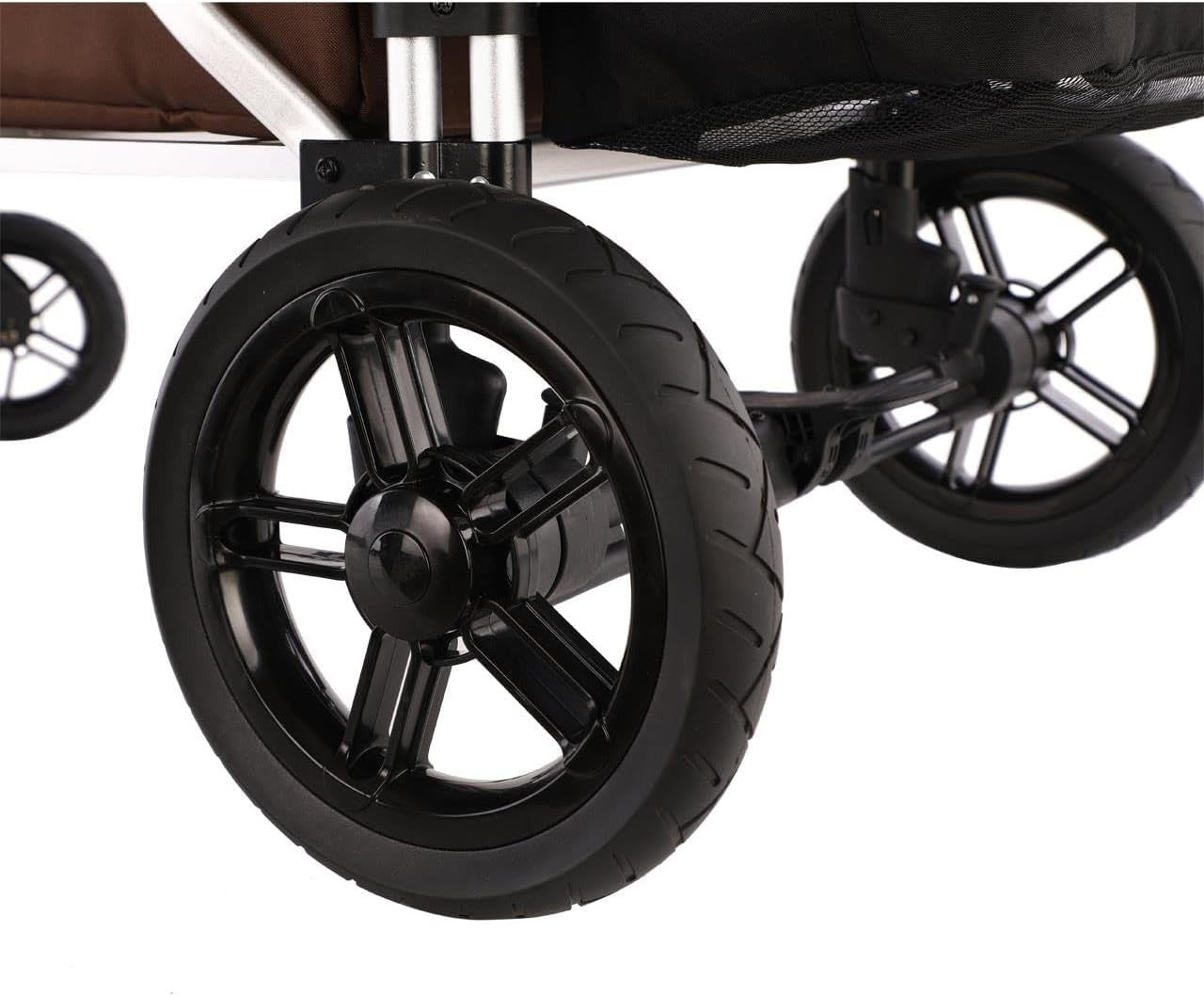 Brown 2-Seater Folding Stroller Wagon Kids Push Pull All-Terrain Cart w/ Canopy
